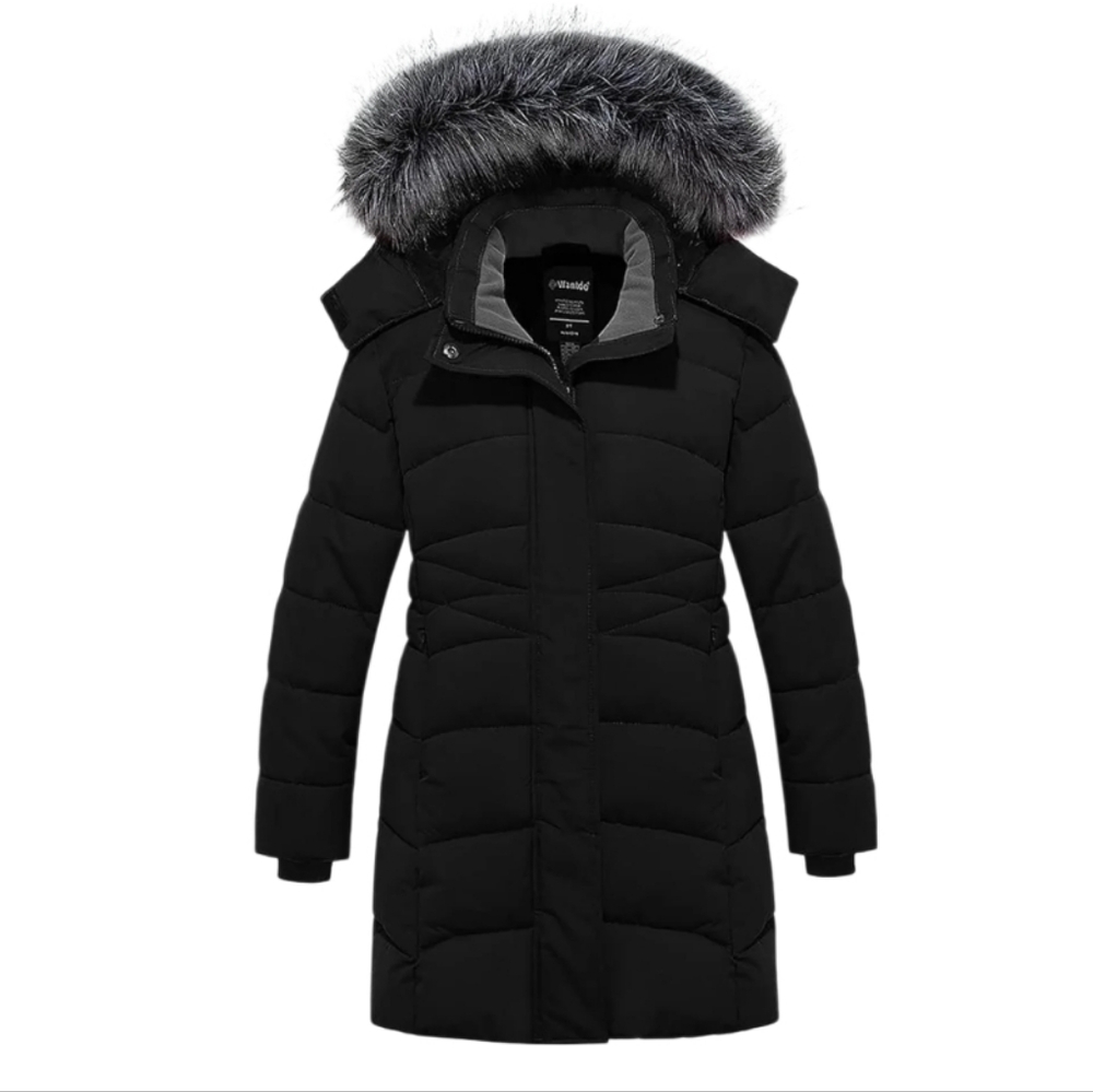 Wantdo Kids' Black Fleece-Lined Winter Parka Size 10-12 Black Faux Fur Hood